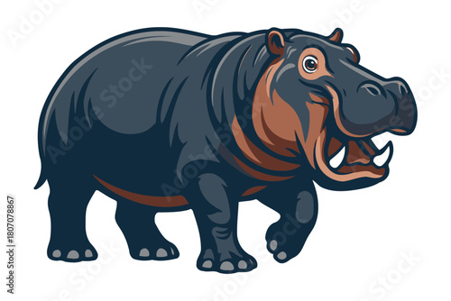 A cartoon illustration of a large dark gray hippopotamus with its mouth open and tusks visible walking forward with a determined expression