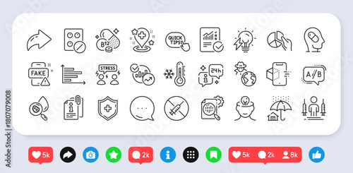 Quick tips, Augmented reality and Low thermometer line icons pack. Social media: share, comment, like icons. Coronavirus injections, Medical tablet, Difficult stress web icon. Vector