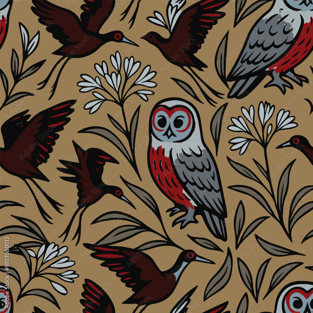 Naklejka premium Abstract tropical seamless pattern. African lily, gray owl, jacanas tropical plants. Modern exotic design for paper and fabric. Vector illustration.