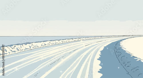 Winter road stretching into distance under soft sky, showcasing desolate winter road scenery. Empty winter road, almost hypnotic, meanders across snowy landscape, implying calm yet lonesome travels.
