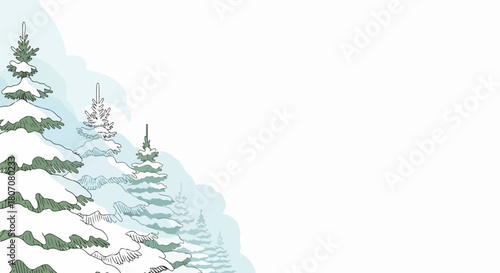 Winter forest scene with snow covered pine trees in a row, hand drawn vector illustration for holiday greeting cards and seasonal backgrounds.