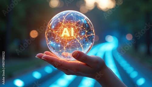 Human hand gently holding glowing AI crystal ball with network connections against a blurred outdoor path