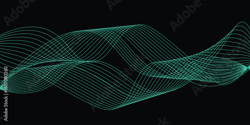 Abstract background with waves for banner. Web banner size. Vector background with lines. Element for design isolated on black. Blue and black gradient. Night, ocean