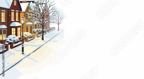 Cozy winter street scene with snow covered houses and warm glowing windows, charming neighborhood illustration for holiday greetings.