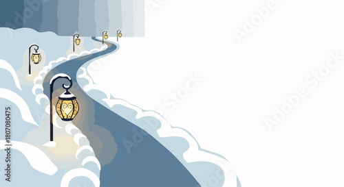 Winter path with glowing lanterns, a serene snowy landscape vector illustration. Winter path illuminated by vintage streetlights,