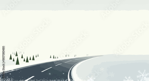 Winter road journey vector illustration with snow falling and evergreen trees along the path. Scenic winter landscape with a curved asphalt road leading into distance.