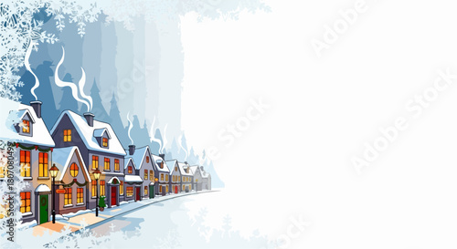 Charming winter village scene with snow covered houses and glowing windows, festive holiday vector illustration for Christmas and New Year.