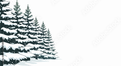 Winter forest scene with snow covered evergreen trees in a row, vector illustration for holiday greeting cards and seasonal design.