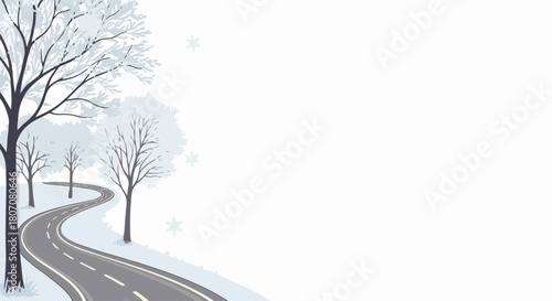 Winter road winding through snow covered trees, a serene landscape vector illustration. Winter road journey, peaceful travel, and cold season scenery.