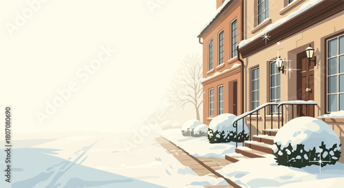 Winter landscape view of house facade covered with snow. Winter landscape displays snowy shrubs near residential building, pathway and stairs. Idyllic winter landscape for holiday greetings,