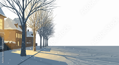 Winter street scene vector illustration with snow falling gently on bare trees and quaint buildings, casting long shadows in the warm sunlight, perfect for holiday greetings and seasonal decor.