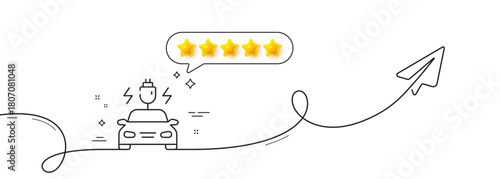 Car charging line icon. Continuous line with share plane. Vehicle charge plug sign. Electric power symbol. Five star rate review in speech bubble. Car charging single line ribbon. Vector
