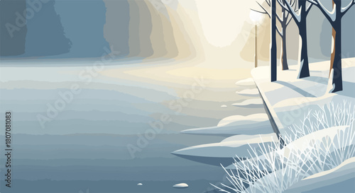 Winter landscape vector illustration with snow covered path and frozen water body during soft sunlight. Winter scene vector art for seasonal design and holiday decoration.