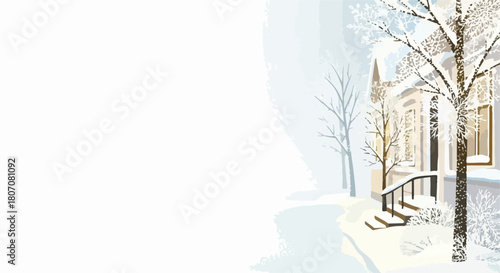 Winter scene vector illustration with snow covered house and bare trees, cozy home exterior during snowfall, peaceful holiday season ambiance.