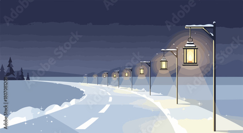 Winter road with glowing lanterns, a serene snowy landscape with a path illuminated by vintage streetlights, perfect for holiday greetings and atmospheric winter scenes.