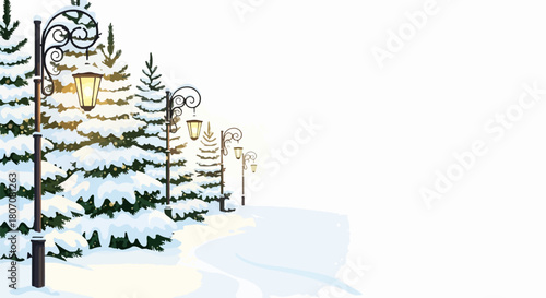 Winter scene vector illustration with snow covered pine trees and vintage street lamps along a path. Winter landscape vector art for holiday greetings and seasonal decor.
