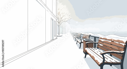 Winter scene vector with snow covered park benches and bare trees along a walkway, serene winter landscape illustration for seasonal design.