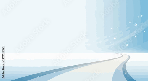 Winter landscape vector with snowy path and soft blue sky. Winter scene vector illustration with gentle snowflakes and frosty atmosphere. Concept winter background for seasonal design.
