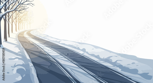 Curved winter road covered in fresh snow, bare trees along roadside. Empty winter road extends into bright distant horizon, reflecting chilly seasonal conditions. Conceptual winter road for travel,