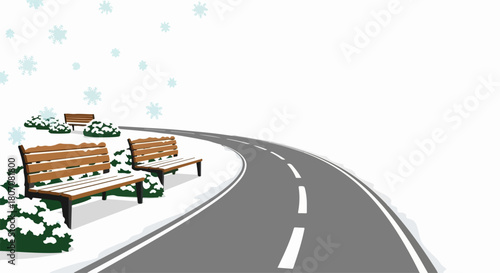 Winding winter road with white dashed lines, falling snowflakes. Snow covered benches and bushes adorn side of winter road. Conceptual winter road perfect for seasonal designs, holiday promotions,
