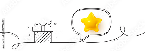 Gift box line icon. Continuous line with 3d star. Present or Sale sign. Birthday Shopping symbol. Package in Gift Wrap. 3d star in speech bubble. Surprise single line ribbon. Vector