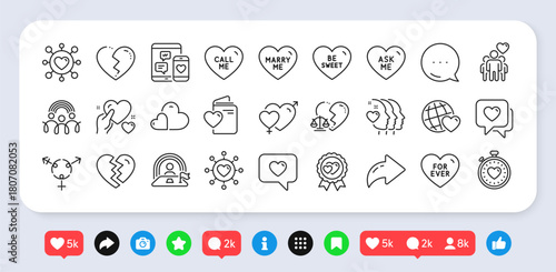 Social media, Friends couple and Inclusion line icons pack. Social media: share, comment, like icons. Friends world, Care, Hold heart web icon. Break up, Heart, Love award pictogram. Vector