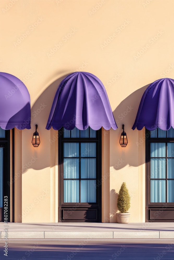 Obraz premium Three purple awnings over a beige wall with windows, lanterns, and a potted plant in a calm storefront scene