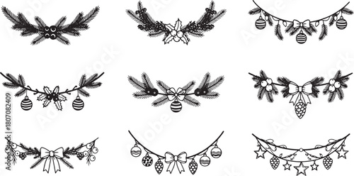 A set of nine black and white illustrations of Christmas decorations, including wreaths, garlands, and bows.