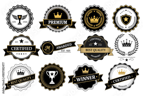 Elegant badge vector set with certified, award-winning emblems-crowns, shields, wreaths, ribbons in black, gold, white. Ideal for branding, packaging, and certificates.