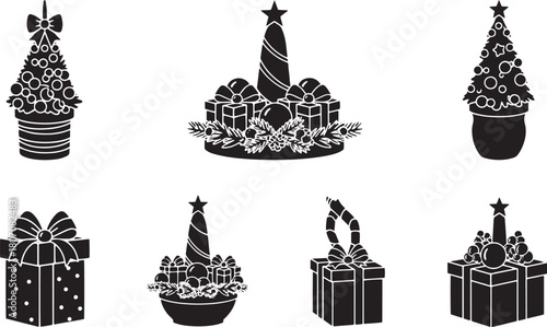 Christmas tree and gift boxes in black and white.