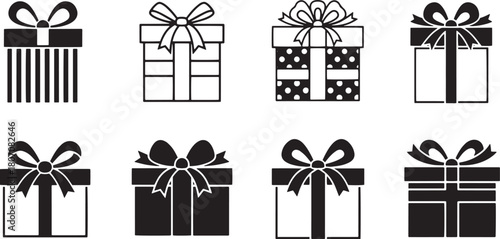 Set of eight gift boxes with ribbons and bows in various designs and colors.