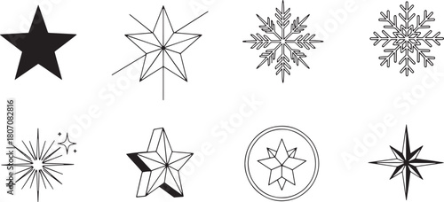 A collection of black and white star and snowflake icons on a white background.