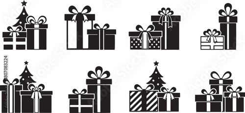 A collection of black and white gift boxes with bows and ribbons, arranged in a grid pattern.