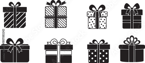 A set of eight black and white gift boxes with ribbons and bows, arranged in a 2x4 grid.