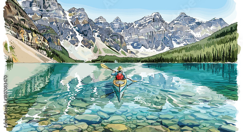 Person kayaking on the crystal-clear turquoise water of a beautiful alpine lake surrounded by majestic, snow-dusted mountains.