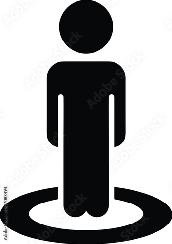 Minimalist user location icon with black silhouette figure standing on circular target platform, symbolizing presence, identity, and geolocation