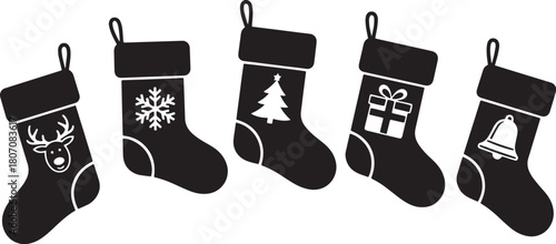 Christmas stockings with various designs and ornaments.