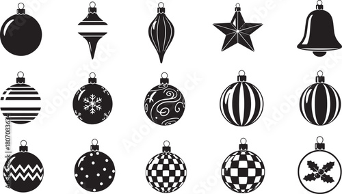 A collection of black and white Christmas ornaments, including balls, stars, and bells, arranged in a grid pattern.