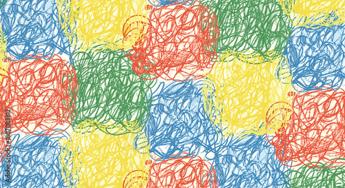 A playful seamless pattern of colorful, chaotic scribbles arranged in a checkered pattern, resembling a child's crayon drawing.