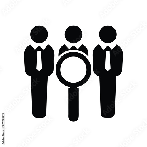 Recruitment Icon: Business People and Magnifying Glass Symbolizing HR Processes                                                                       