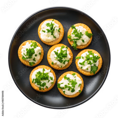Crackers with cream cheese and parsley isolated on transparent background, appetizer