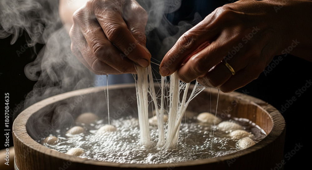 Fototapeta premium Traditional Silk Production: Artisan Hands Extracting Fine Threads from Boiling Cocoons in Mystical Light 