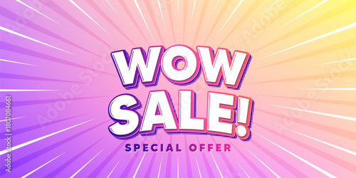 Wow sale sun rays gradient banner. Light burst background. Wow Sale tag. Special offer price sign. Advertising Discounts symbol. Gradient sun rays. Sunburst light. Vector