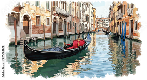 Venetian canal scene featuring a traditional black gondola with red seats floating on calm water between historic buildings.