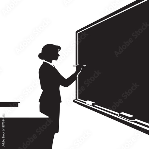 Silhouette of teacher writing on board in classroom setting