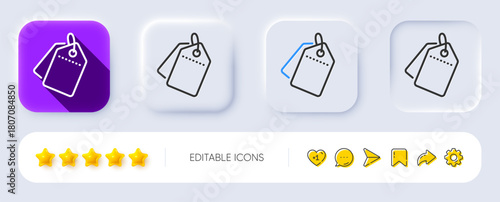 Sale tags line icon. Neumorphic, Flat shadow, 3d buttons. Shopping labels. Discount coupon symbol. Line sale tags icon. Social media icons. Vector