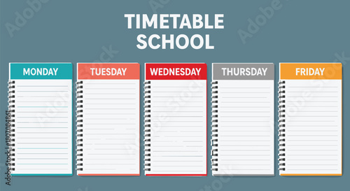 Spiral-bound school timetable template with weekday color-coded pages for organizing student schedules on a vibrant blue background