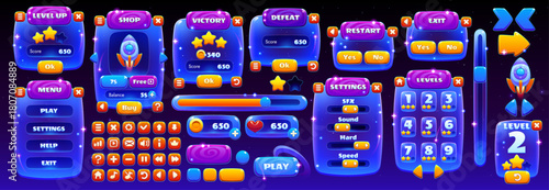 Space game interface galaxy asset. Vector UI neon buttons, glowing panels, menu frame, shop and sliders. Cartoon space game victory defeat screen, galaxy star scoreboard and interface settings board