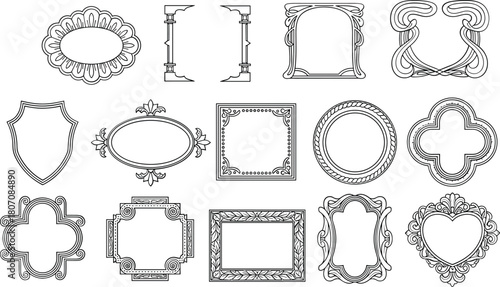 Vintage ornamental frame collection featuring floral, rope, scroll, heart, shield, oval, square, circle, quatrefoil, and decorative borders