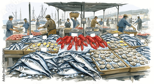Lively outdoor fish market at a bustling harbor, showcasing a fresh catch of fish, lobsters, and oysters displayed on ice.